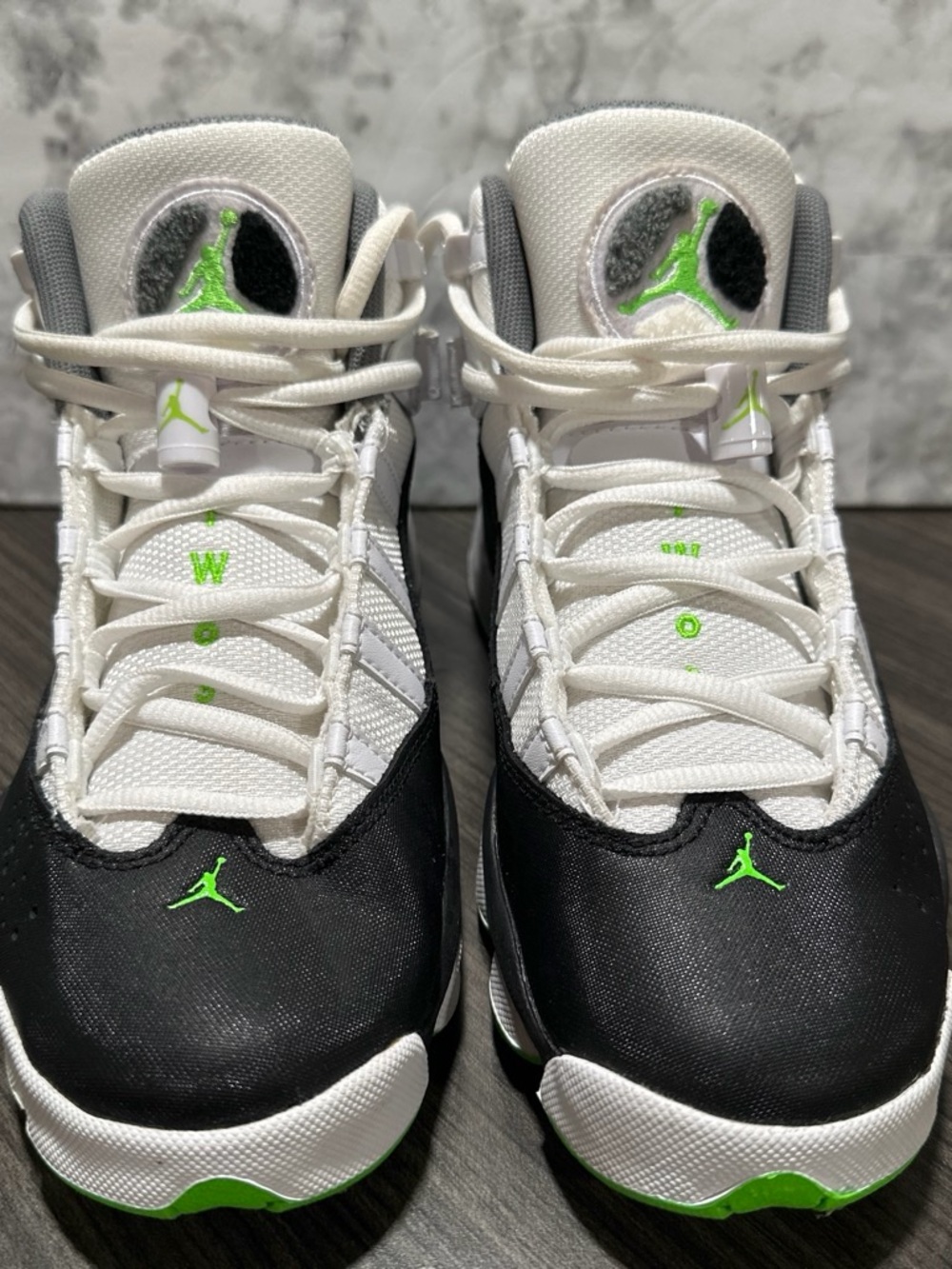 Jordan Kids White/Black/Green Retro-Style Basketball Sneakers